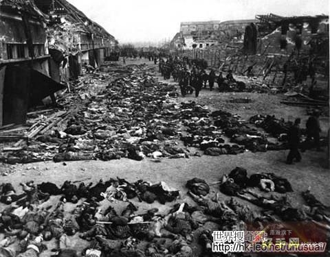 7. 在 Lager Nordhausen 集中營被處死的囚犯的屍體，這個集中營屬於蓋世太保管轄。照片上顯示的僅為死難者的一半還不到...他們大多數是餓死或被槍殺的...