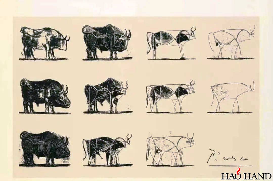 毕加索1945年创作的《公牛》，通过十一次易稿将公牛解构，最终剥离多余部分仅留下必要线条。.jpg